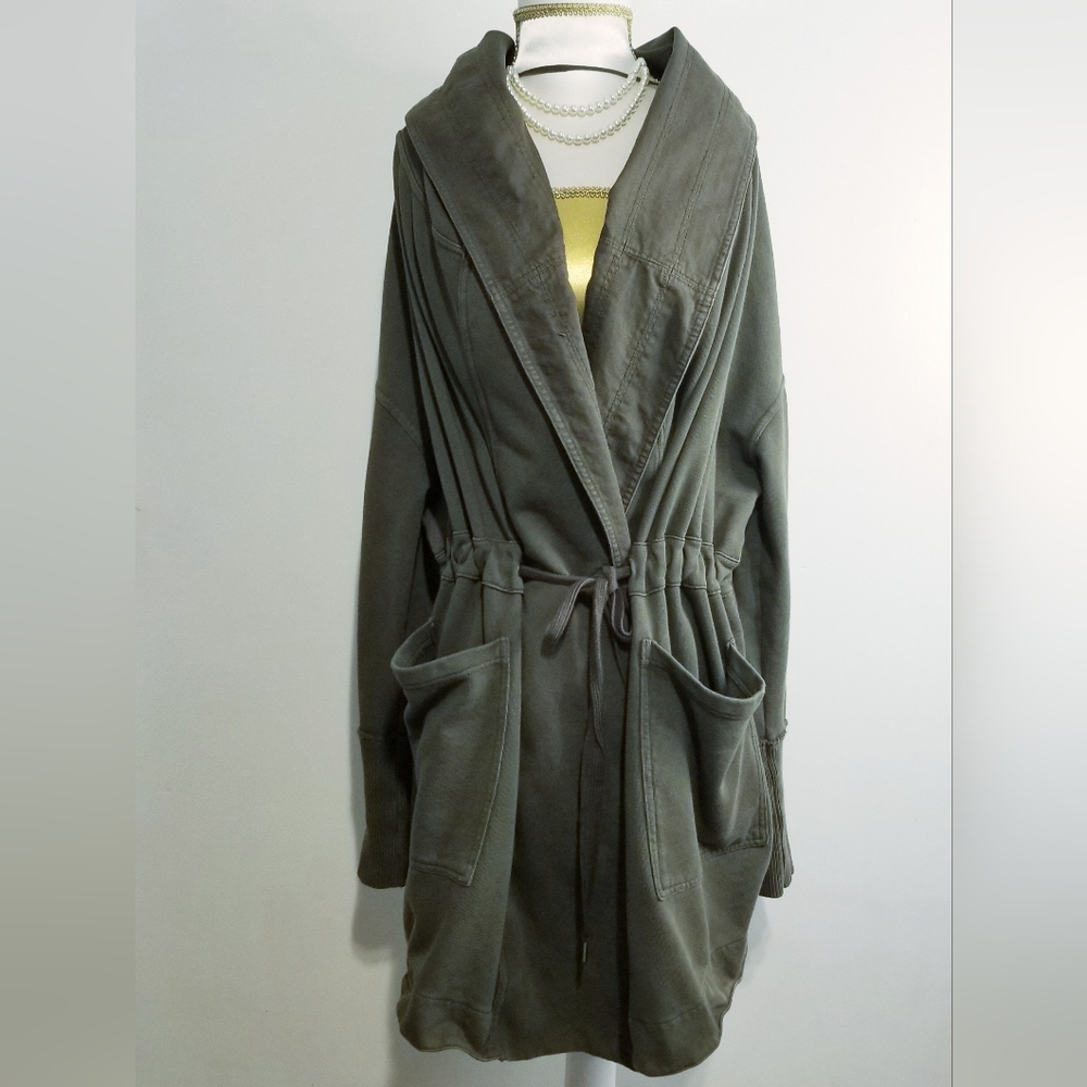Free People Brentwood Cardigan Jacket Front-Tie Belt and Hood Army Green Color